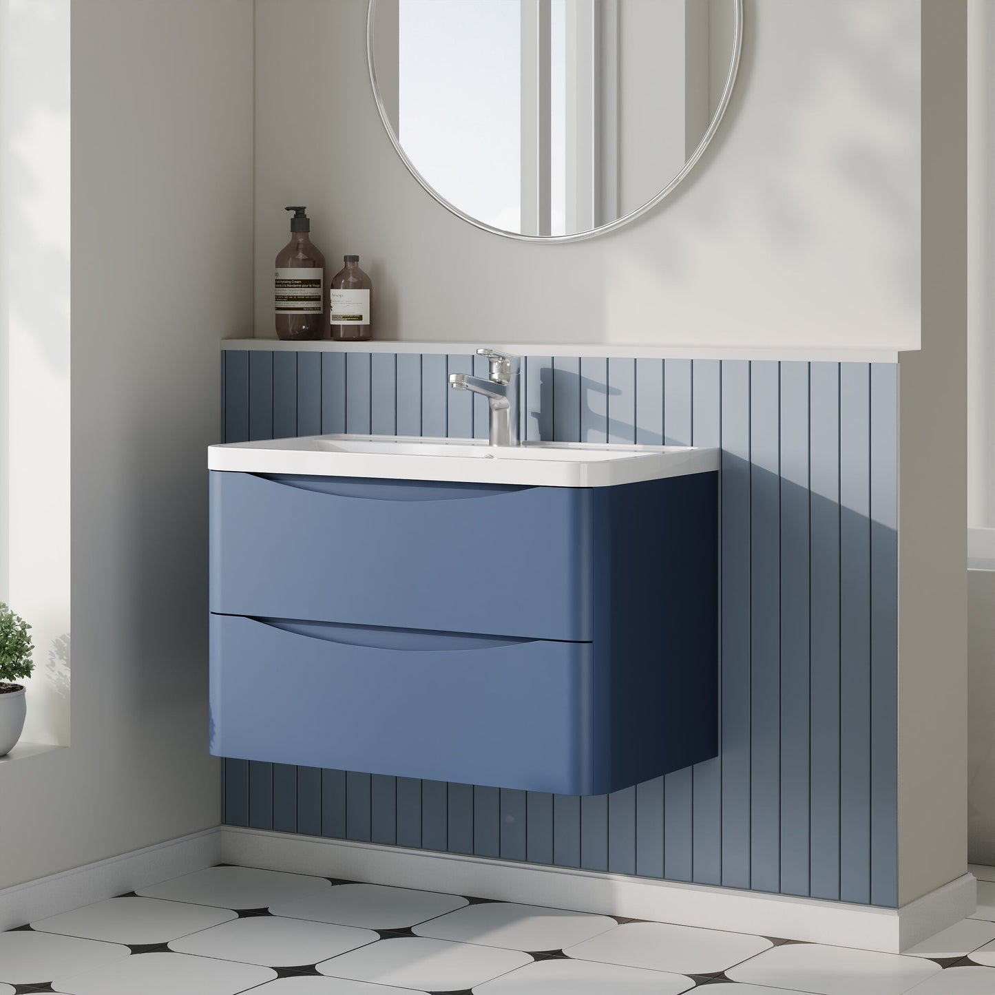 Nuie Lunar 800mm Satin Blue Wall Hung 2 Drawer Vanity Unit & Polymarble Basin