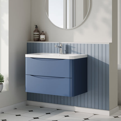 Nuie Lunar 800mm Satin Blue Wall Hung 2 Drawer Vanity Unit & Polymarble Basin