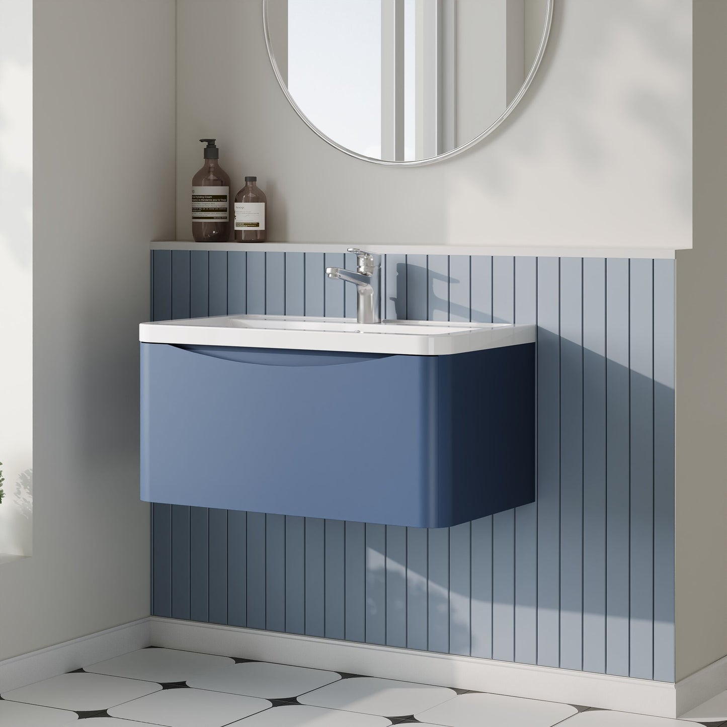 Nuie Lunar 800mm Wall Hung Satin Blue 1 Drawer Vanity Unit with Basin