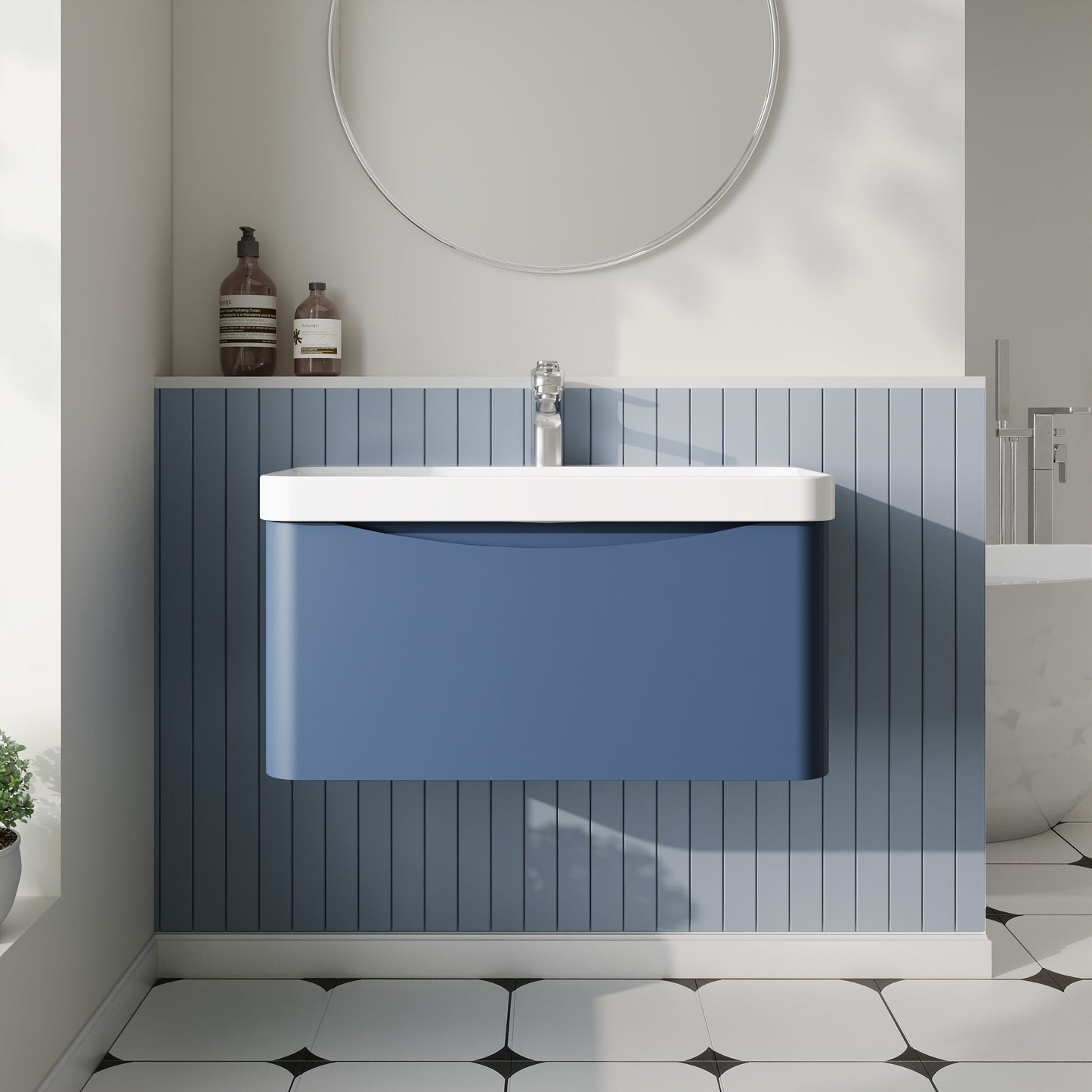 Nuie Lunar 800mm Satin Blue Wall Hung 1 Drawer Unit with Ceramic Basin