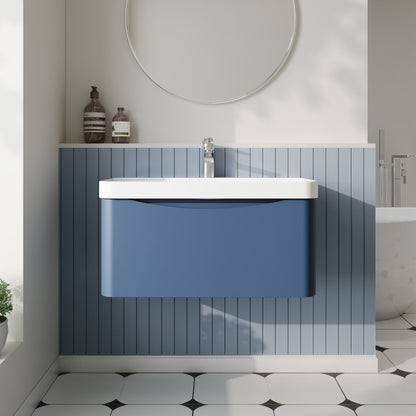 Nuie Lunar 800mm Satin Blue Wall Hung 1 Drawer Unit with Ceramic Basin