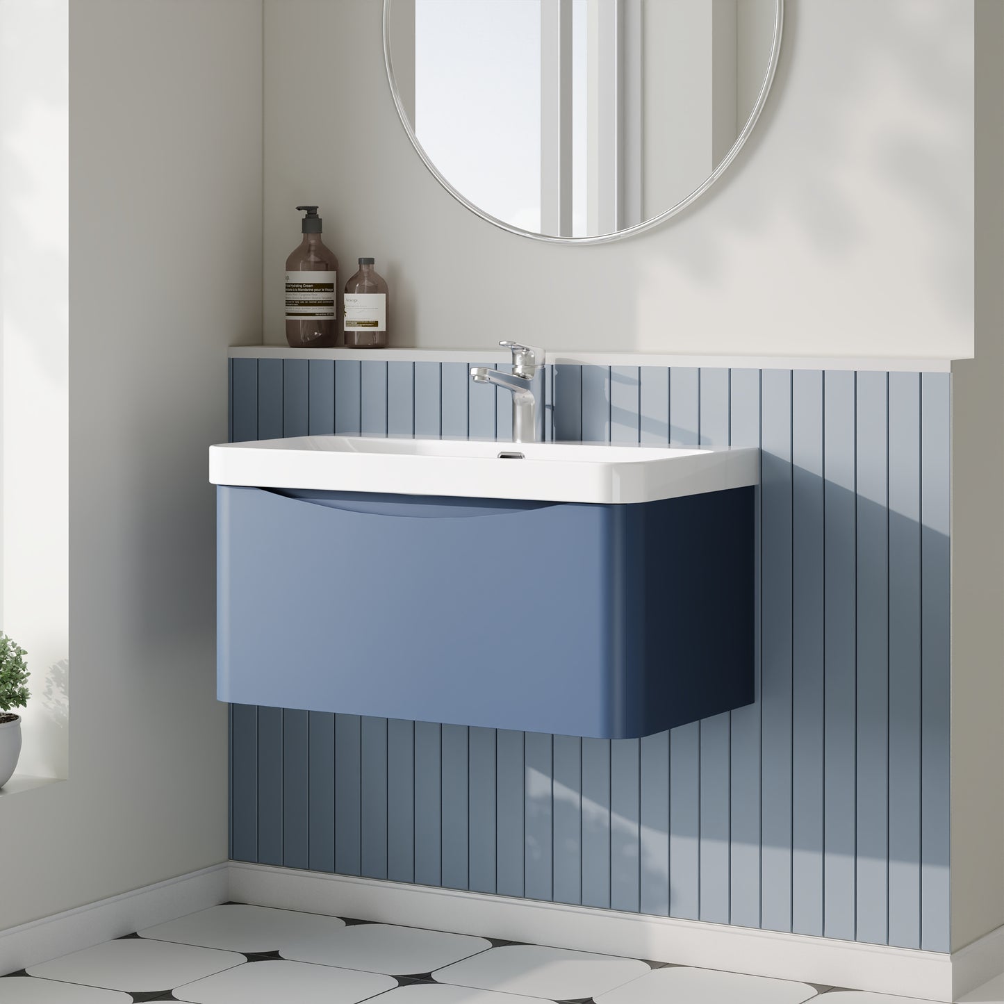 Nuie Lunar 800mm Satin Blue Wall Hung 1 Drawer Unit with Ceramic Basin