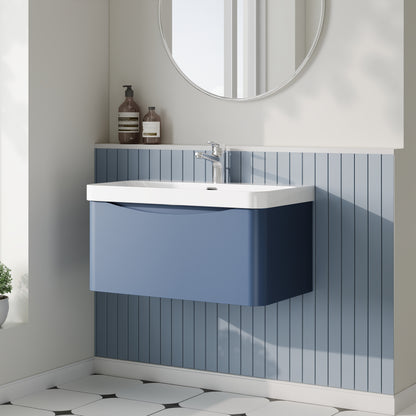 Nuie Lunar 800mm Satin Blue Wall Hung 1 Drawer Unit with Ceramic Basin