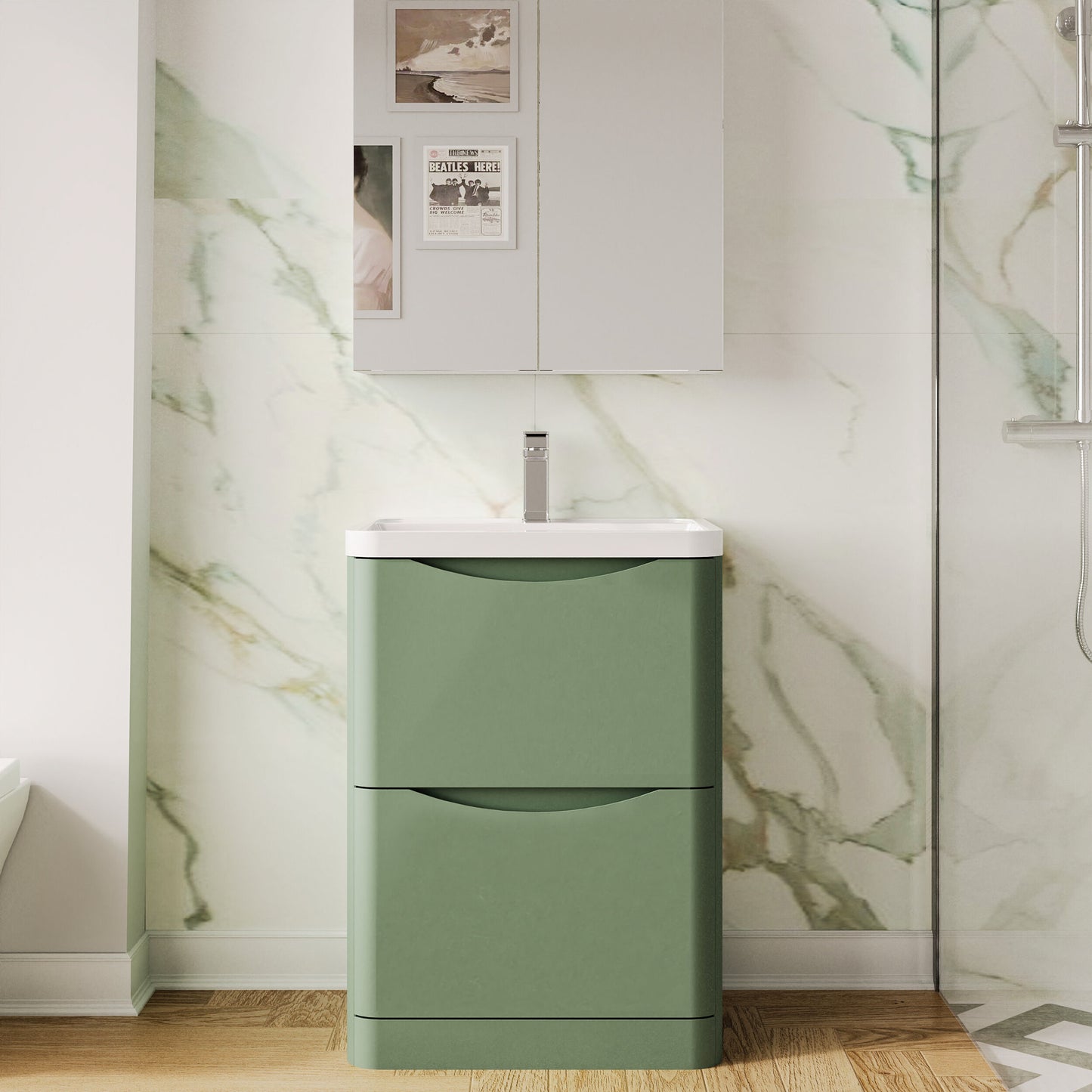 Nuie Lunar 600mm Satin Green Floor Standing 2 Drawer Vanity Unit with Basin