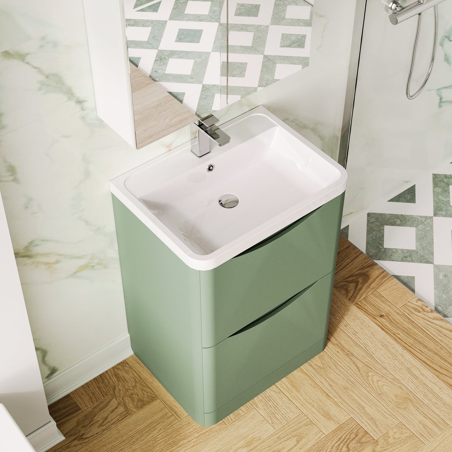 Nuie Lunar 600mm Satin Green Floor Standing 2 Drawer Vanity Unit with Basin