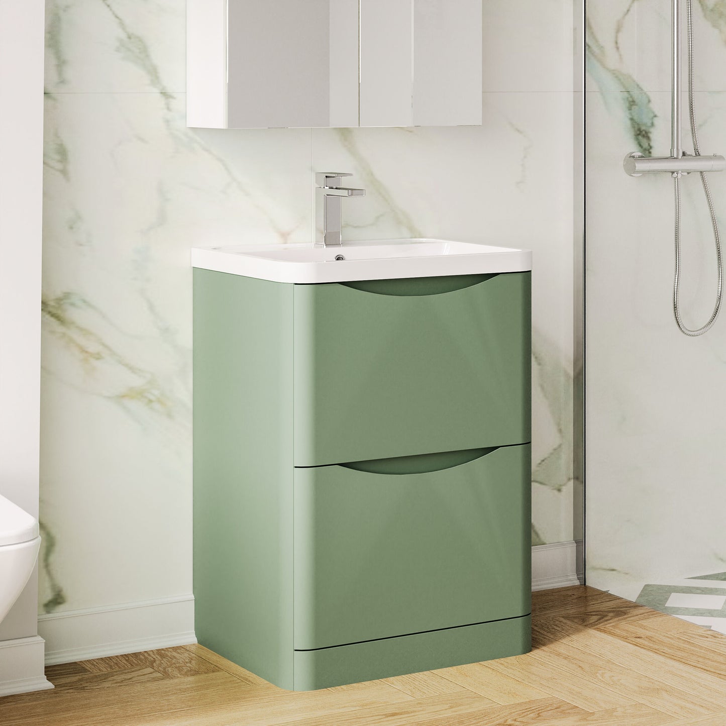 Nuie Lunar 600mm Satin Green Floor Standing 2 Drawer Vanity Unit with Basin