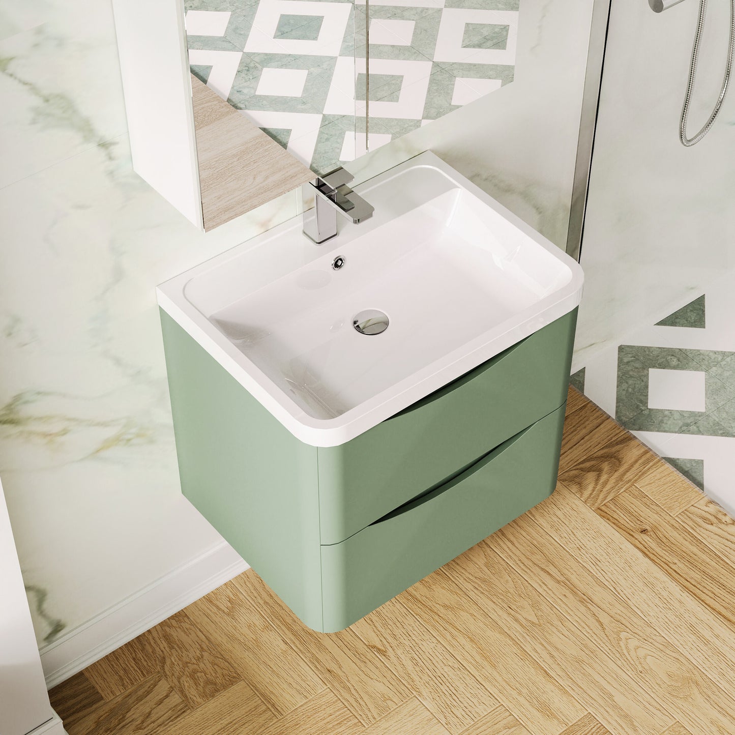 Nuie Lunar 600mm Satin Green Wall Hung 2 Drawer Unit & Basin