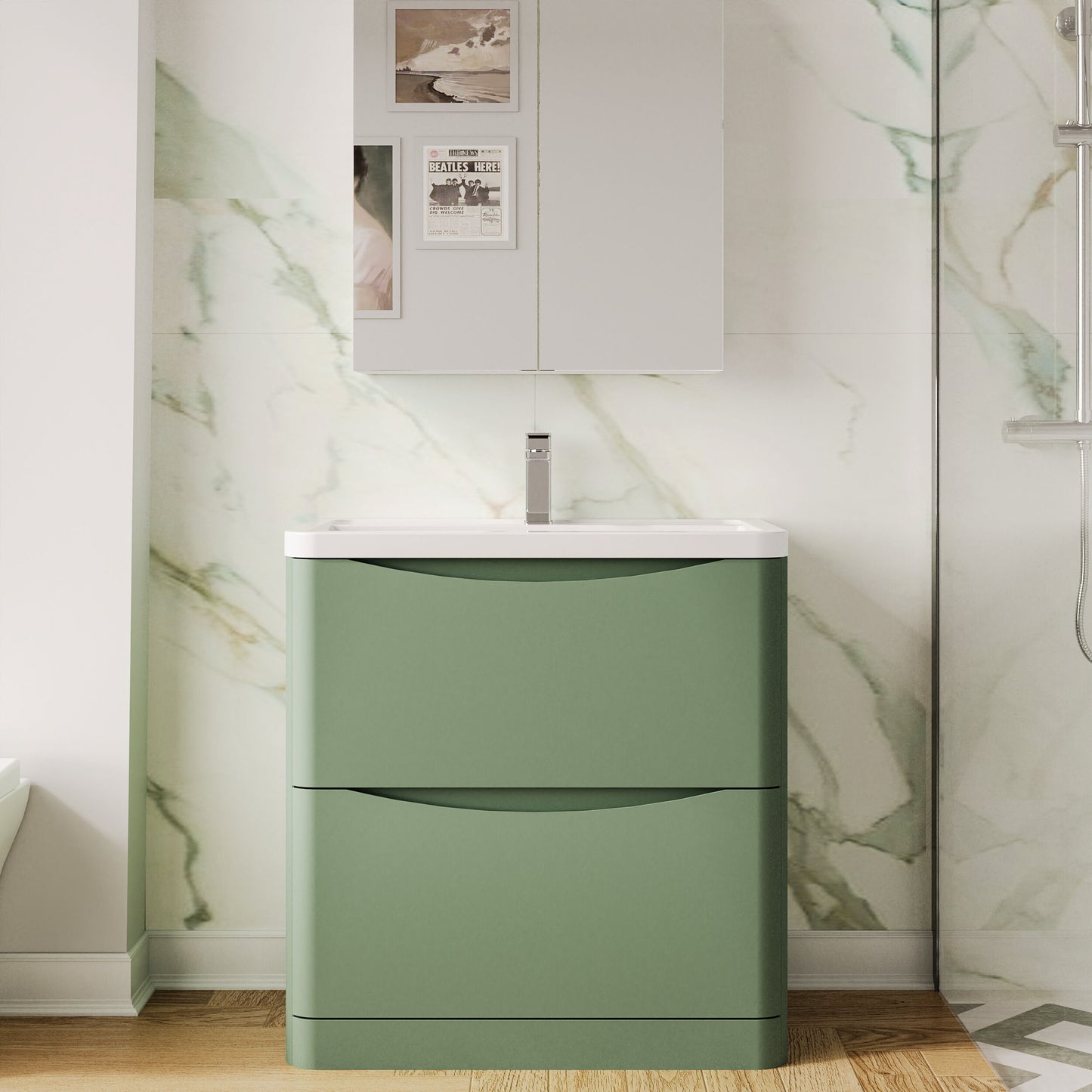 Nuie Lunar 800mm Satin Green Floor Standing 2 Drawer Vanity Unit with Basin