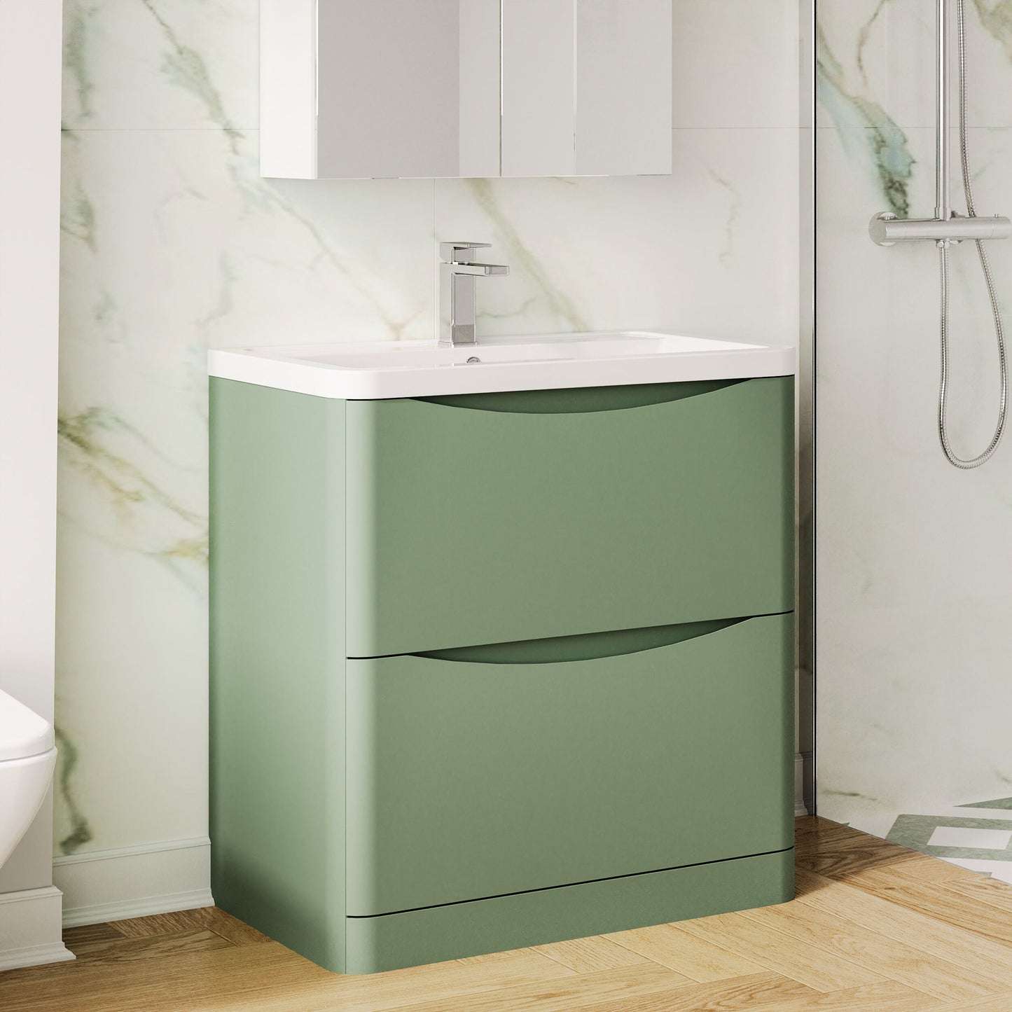 Nuie Lunar 800mm Satin Green Floor Standing 2 Drawer Vanity Unit with Basin
