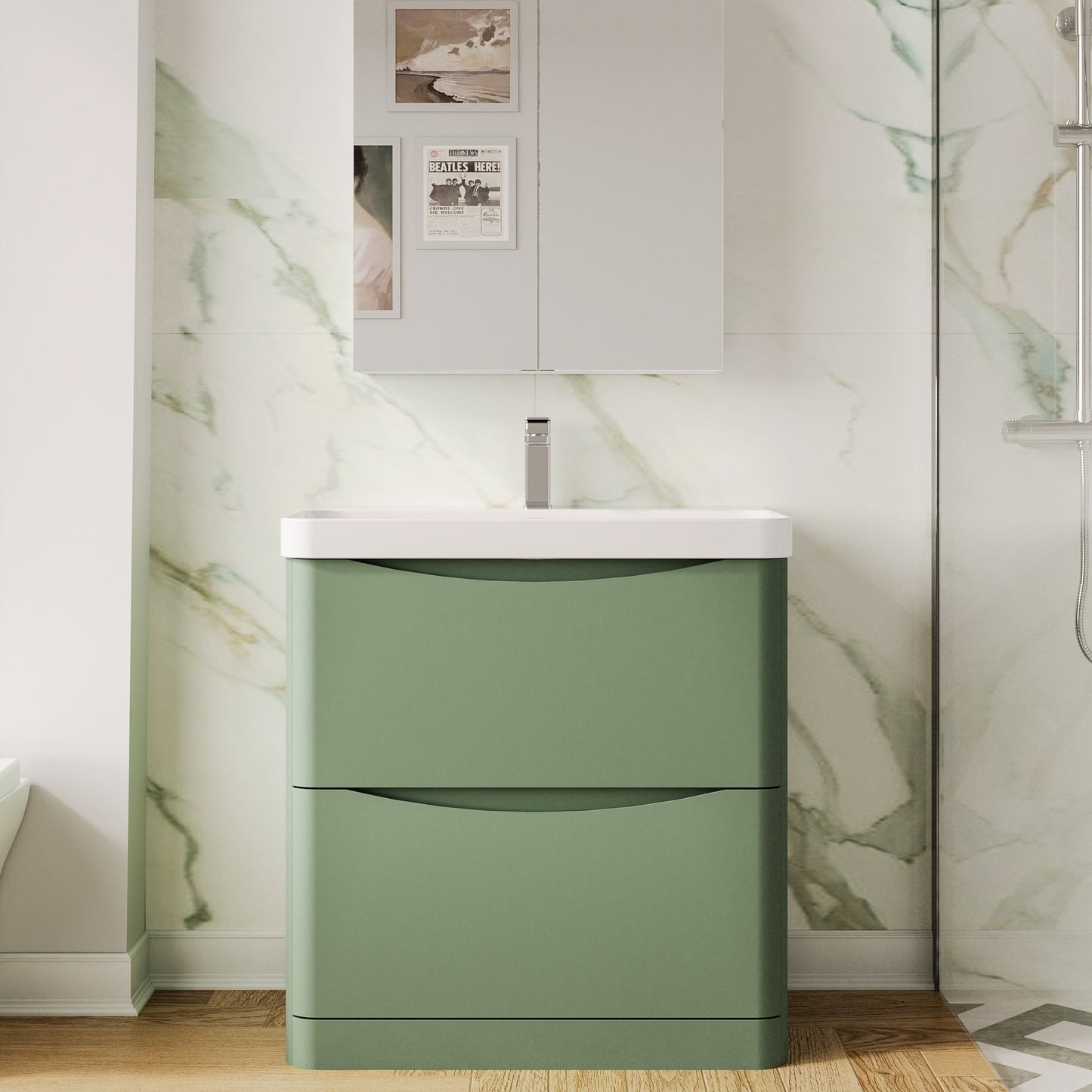 Nuie Lunar 800mm Satin Green Floor Standing 2 Drawer Vanity Unit With Ceramic Basin
