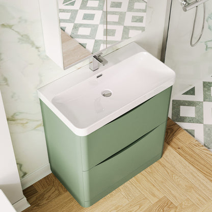 Nuie Lunar 800mm Satin Green Floor Standing 2 Drawer Vanity Unit With Ceramic Basin