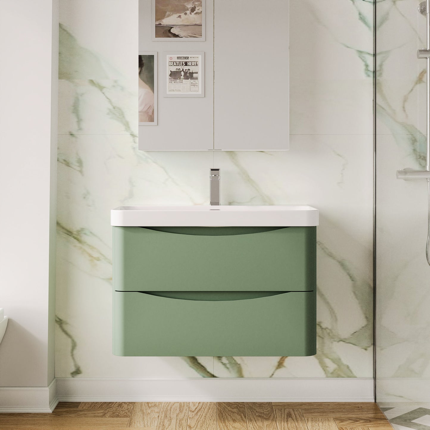Nuie Lunar 800mm Satin Green Wall Hung 2 Drawer Unit with Ceramic Basin