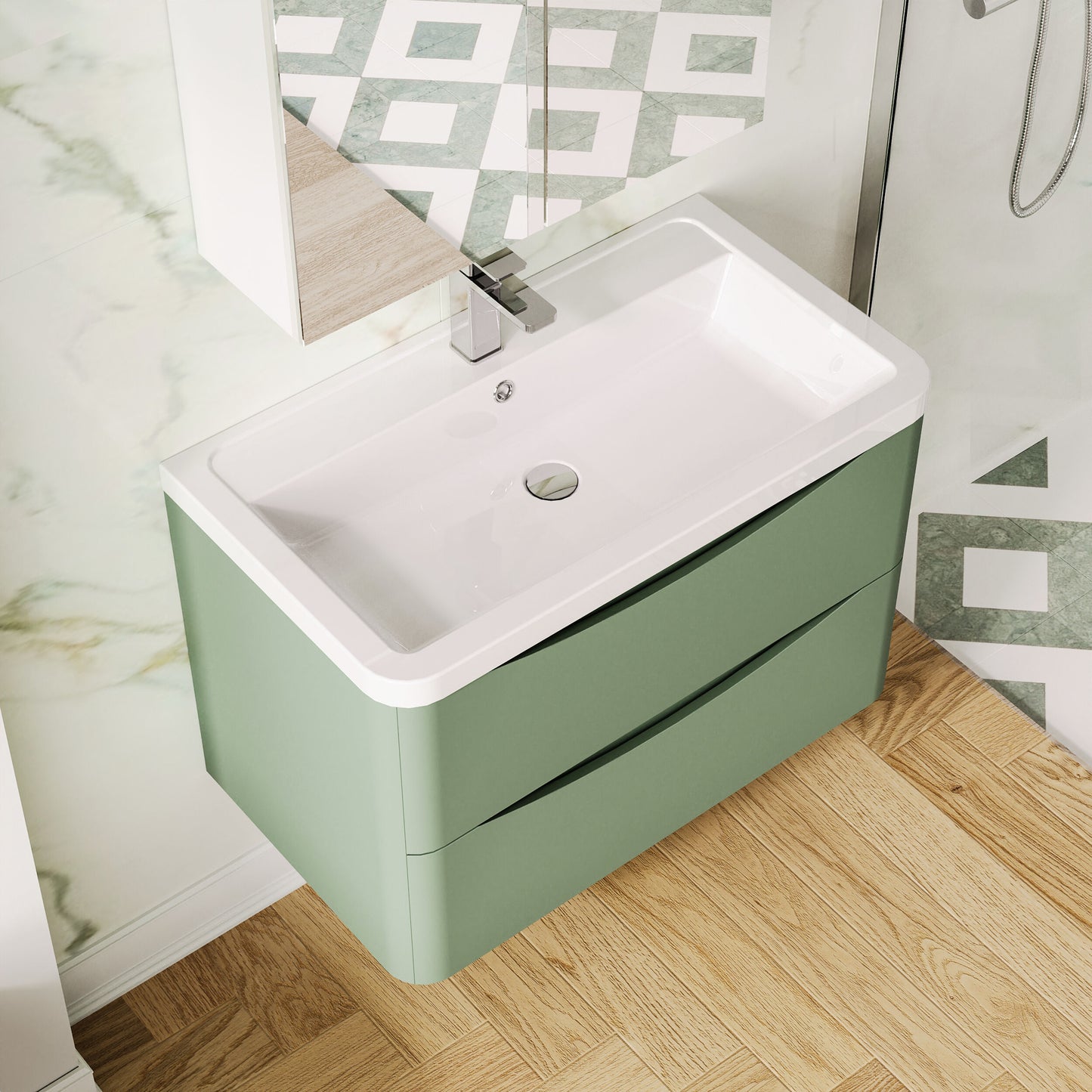 Nuie Lunar 800mm Satin Green Wall Hung 2 Drawer Unit with Ceramic Basin