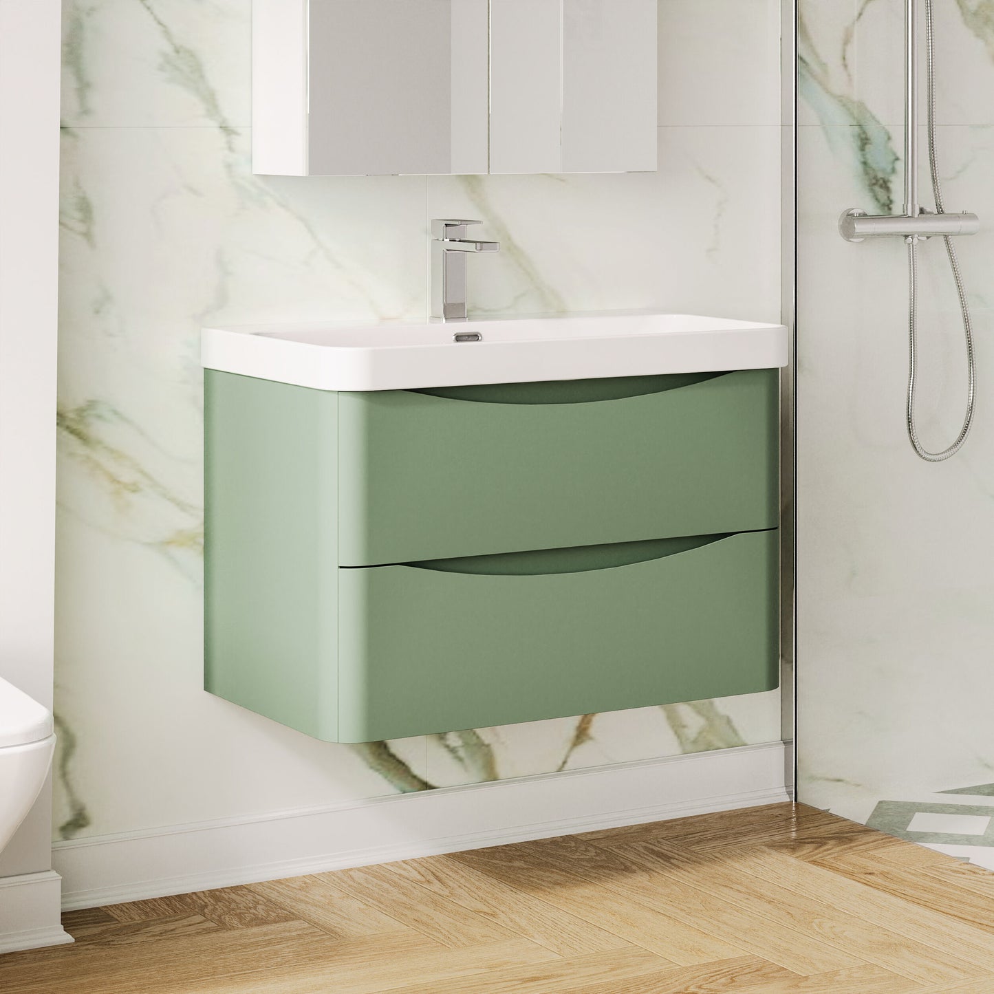 Nuie Lunar 800mm Satin Green Wall Hung 2 Drawer Unit with Ceramic Basin