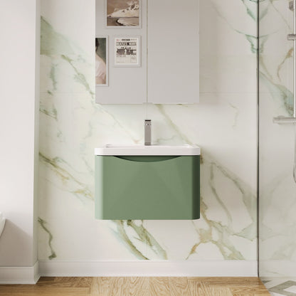 Nuie Lunar 600mm Satin Green Wall Hung 1 Drawer Vanity Unit With Ceramic Basin