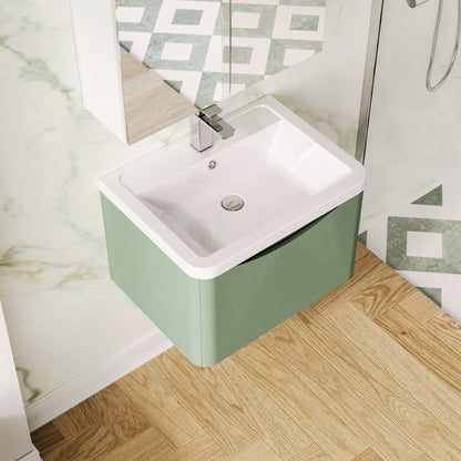 Nuie Lunar 600mm Satin Green Wall Hung 1 Drawer Vanity Unit With Ceramic Basin
