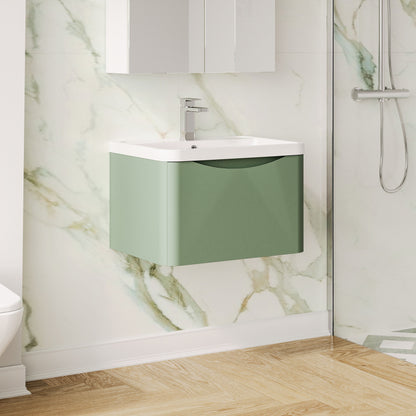 Nuie Lunar 600mm Satin Green 1 Drawer Wall Hung Vanity Unit With Polymarble Basin