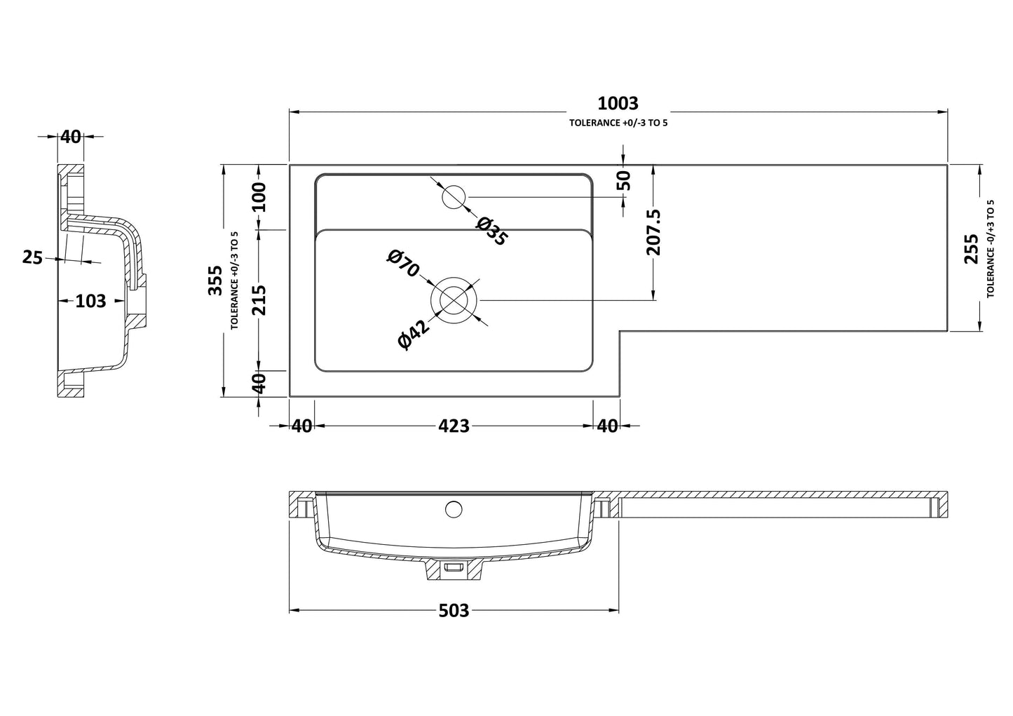 1000mm L Shaped Polymarble Basin - Left Hand