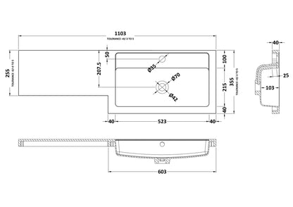 1100mm L Shaped Polymarble Basin - Right Hand