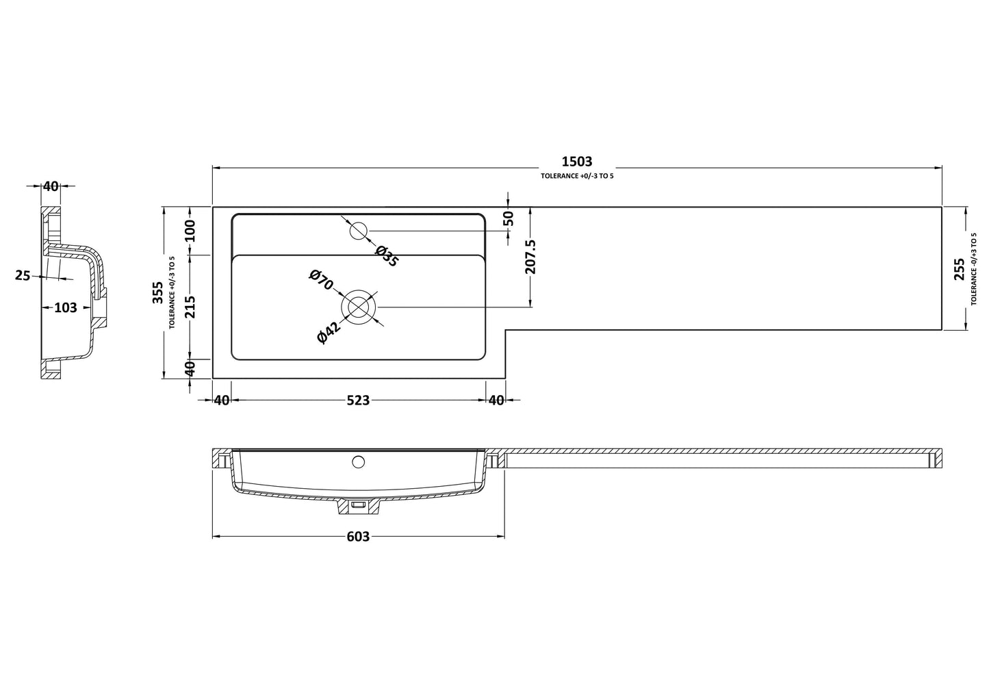 1500mm L Shaped Polymarble Basin - Left Hand