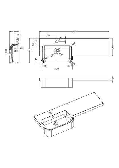 1000mm Round Semi-recessed Polymarble Basin - Left Hand