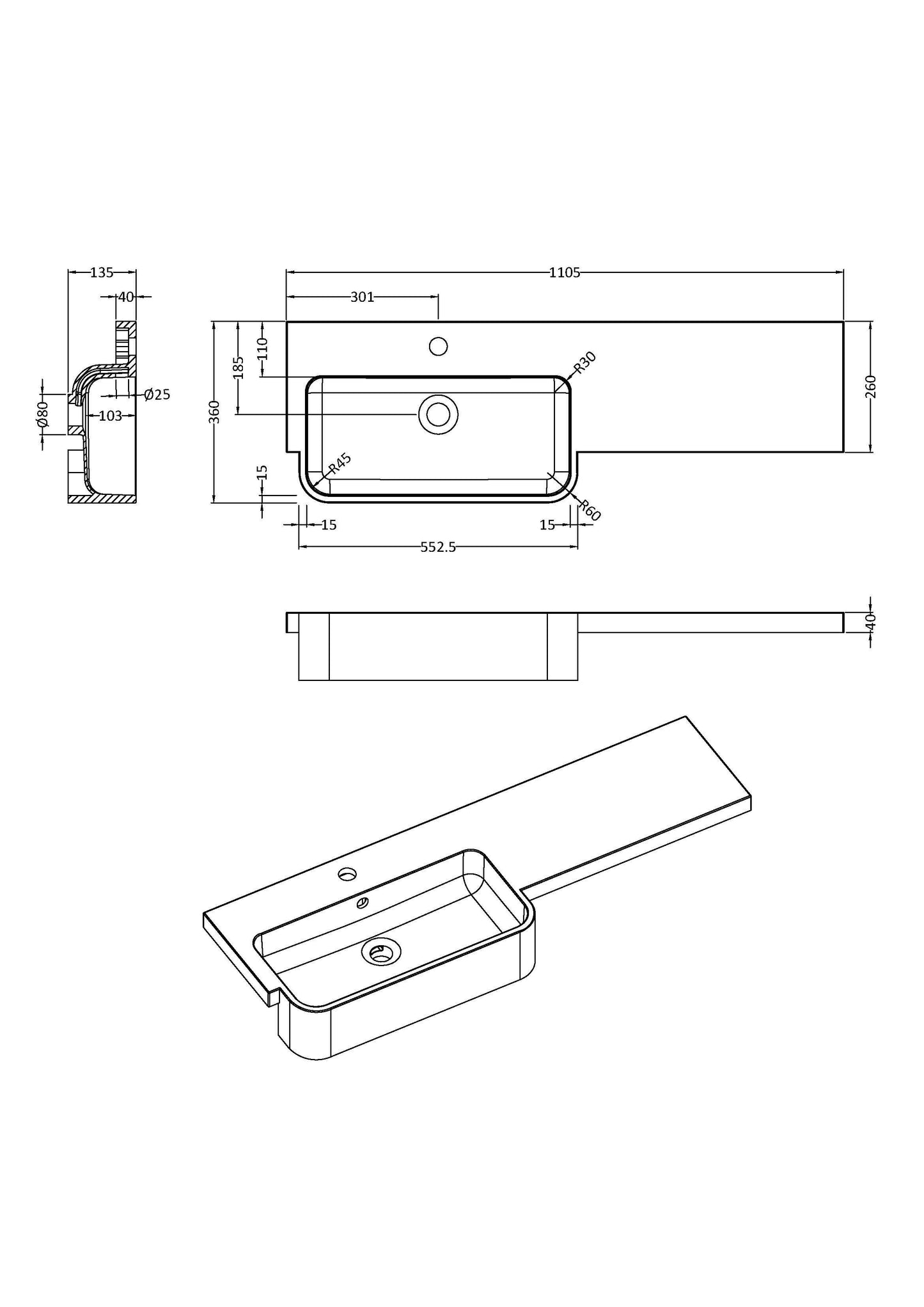 1100mm Round Semi-recessed Polymarble Basin - Left Hand