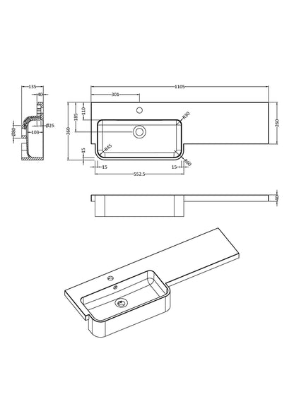 1100mm Round Semi-recessed Polymarble Basin - Left Hand