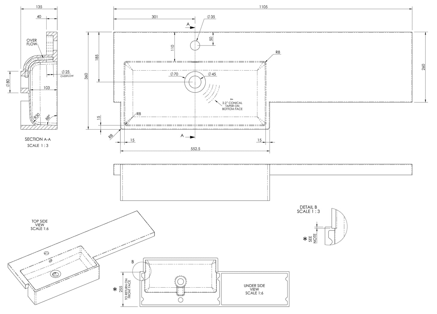 1100mm Square Semi-recessed Polymarble Basin - Left Hand