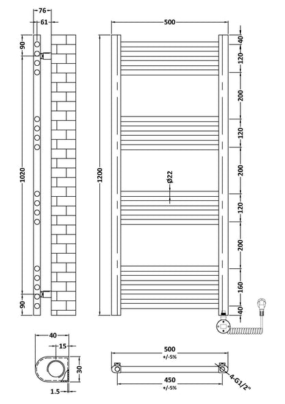 Hudson Reed Electric Bar Towel Rails 1200mm x 500mm 17 Bar Brushed Brass Vertical Electric Towel Rail