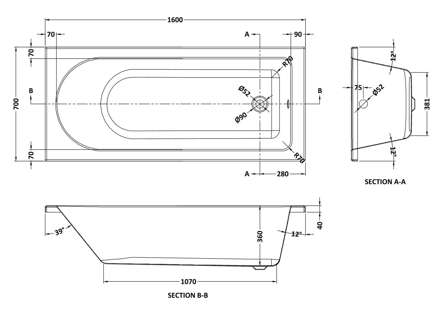 Nuie 1600mm Single Ended Bath With Legs