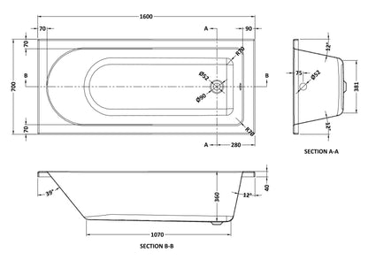 Nuie 1600mm Single Ended Bath With Legs