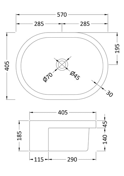 Semi-Recessed Basin 560 x 400 x 185mm