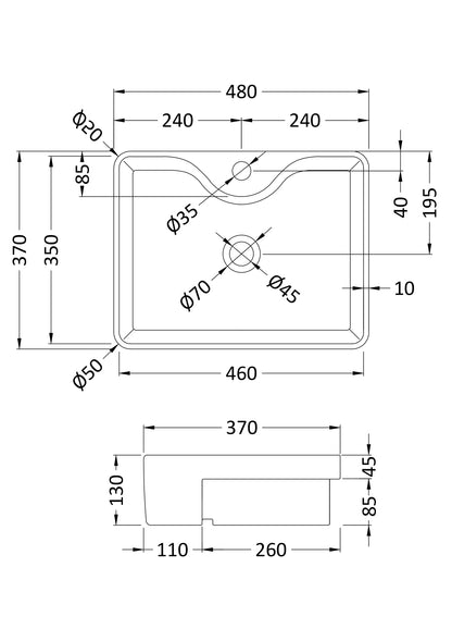 Semi-Recessed Basin 480 x 370 x 130mm