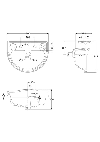 Chancery Small Cloakroom Basin 2 Tap Hole