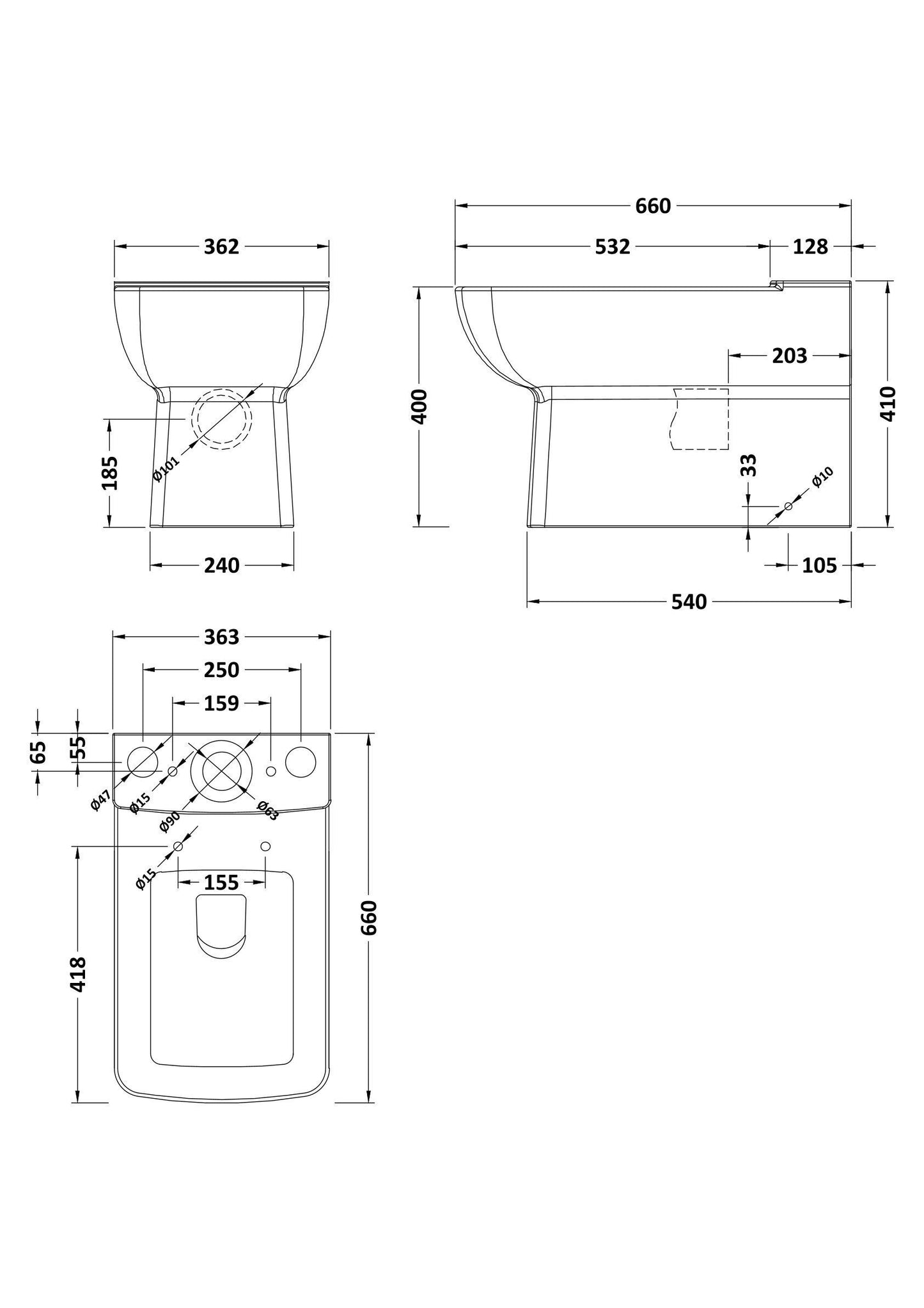 Cleo Flush to Wall Close Coupled Rimless Pan