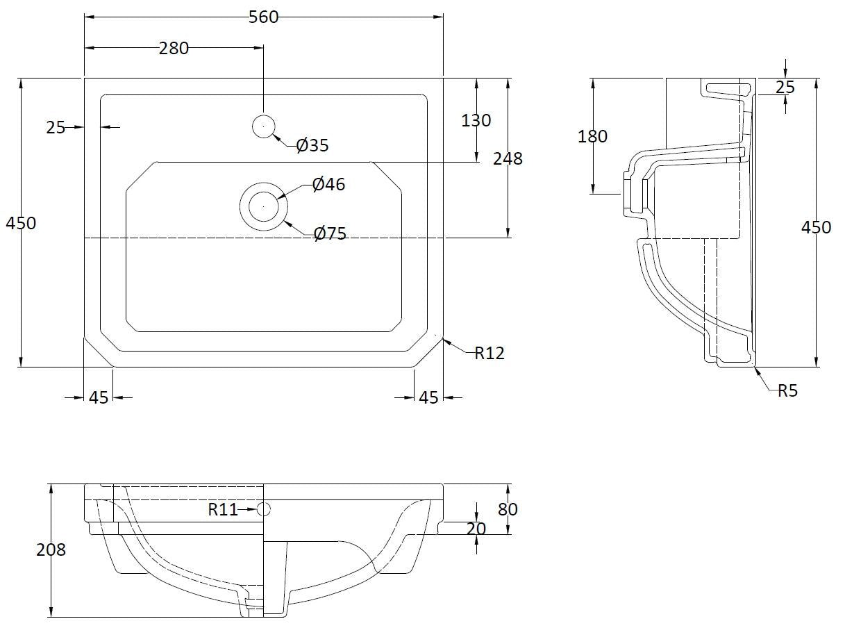 Richmond 560mm Semi Recessed Basin 1 Tap Hole