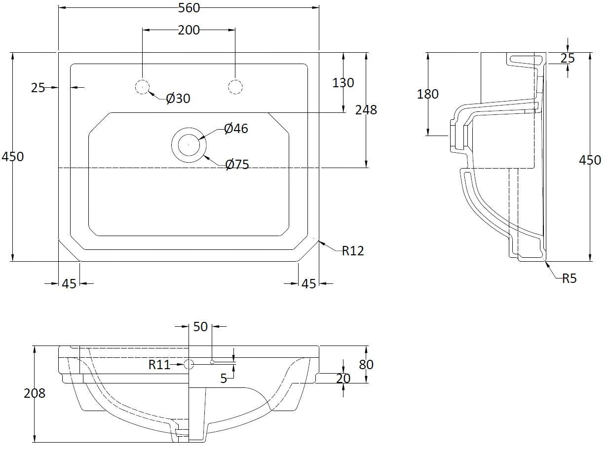 560mm Semi Recessed Basin (2 Tap Hole)