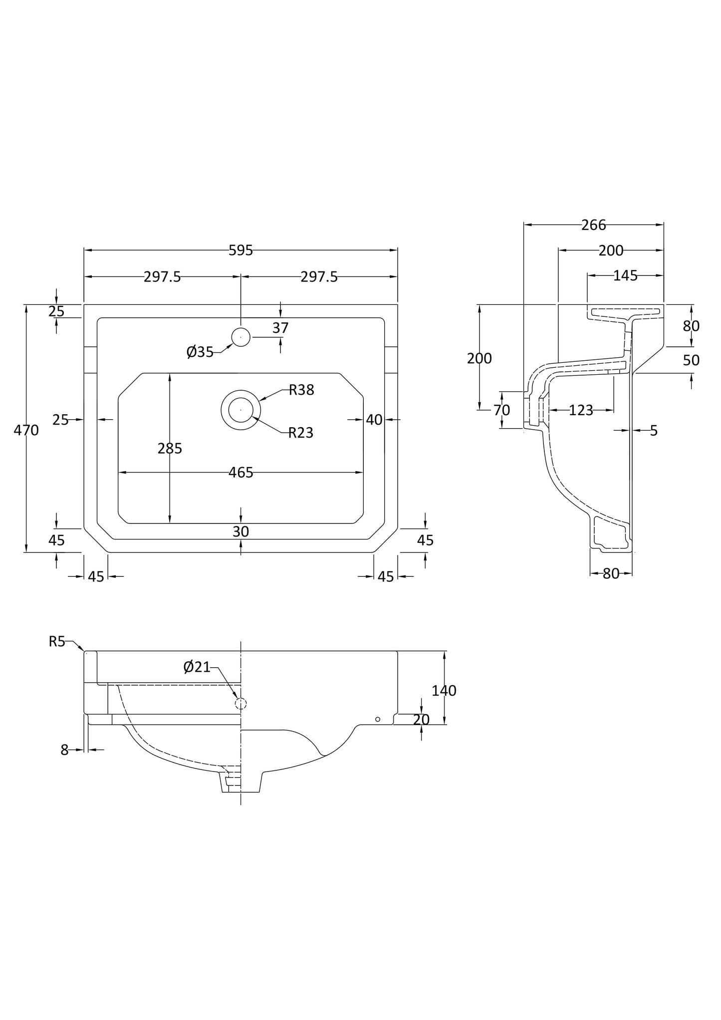 Richmond Wall Hung 1 Tap Hole Basin 595mm