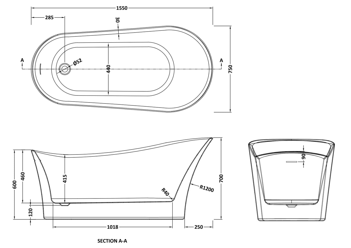 Nuie Choice Slipper 1550mm Freestanding Bath With Legs And Waste
