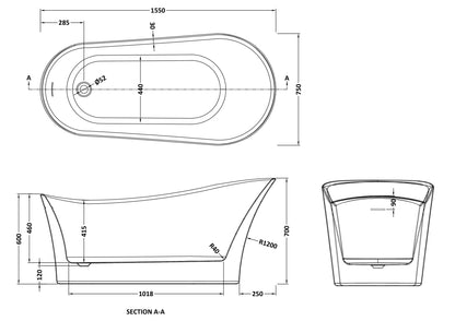 Nuie Choice Slipper 1550mm Freestanding Bath With Legs And Waste