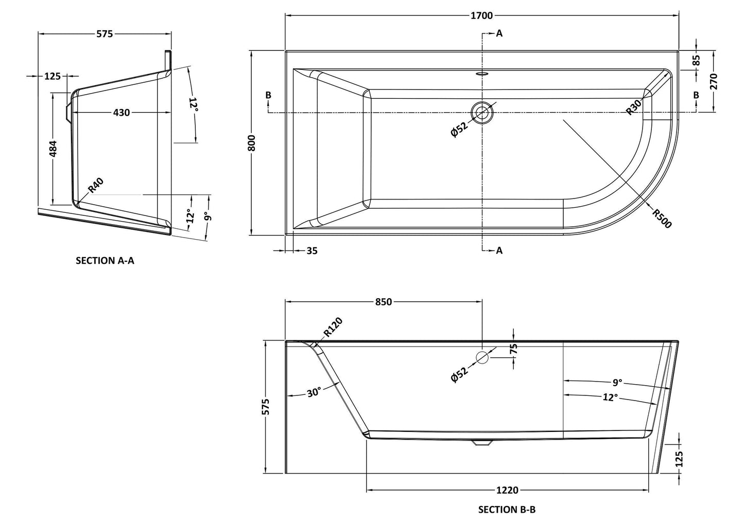 Nuie Choice 1700mm Left-Hand Corner Bath With Legs