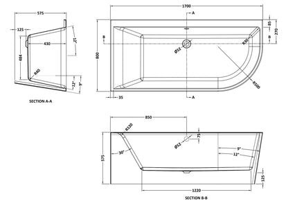 Nuie Choice 1700mm Left-Hand Corner Bath With Legs