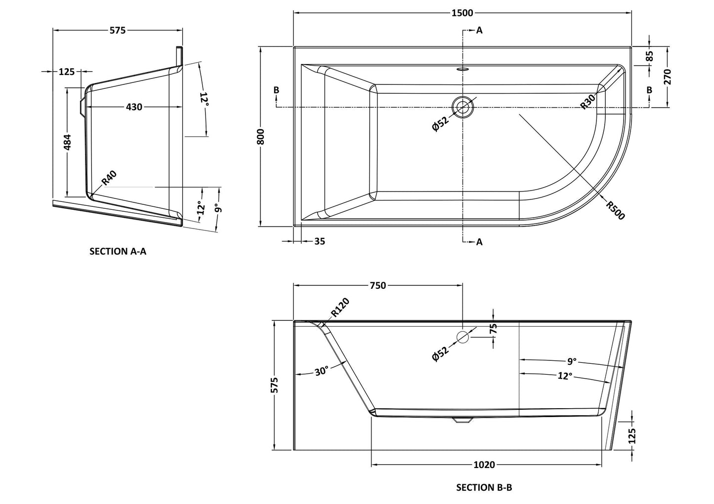 Nuie Choice 1500mm Left-Hand Corner Bath With Legs