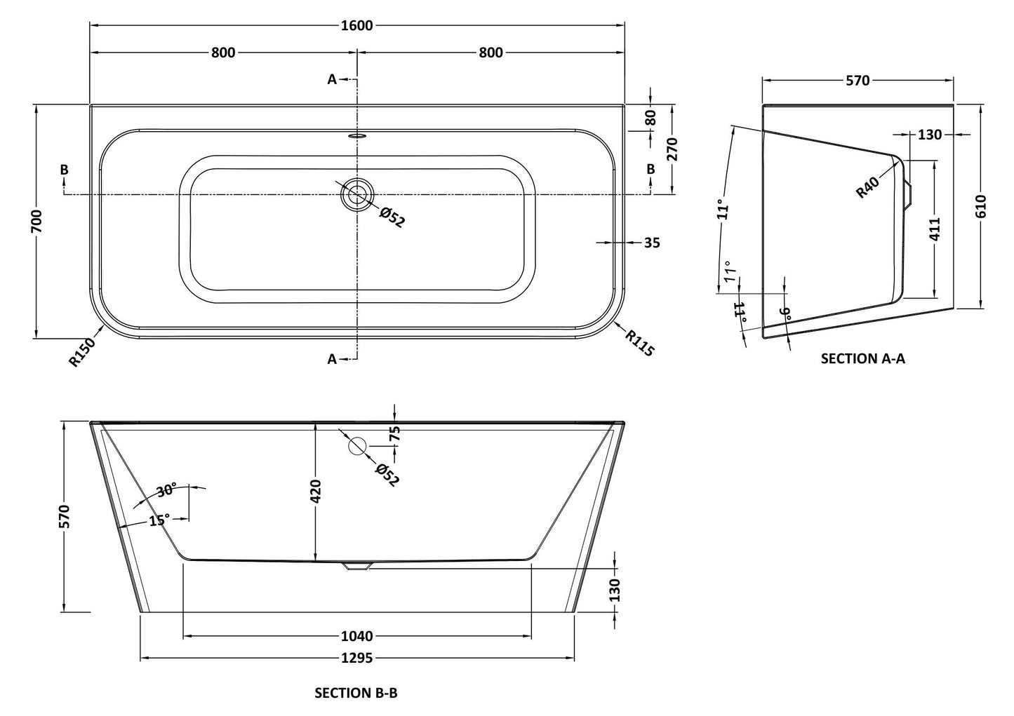 Nuie Choice 1600mm Square Back To Wall Bath With Legs