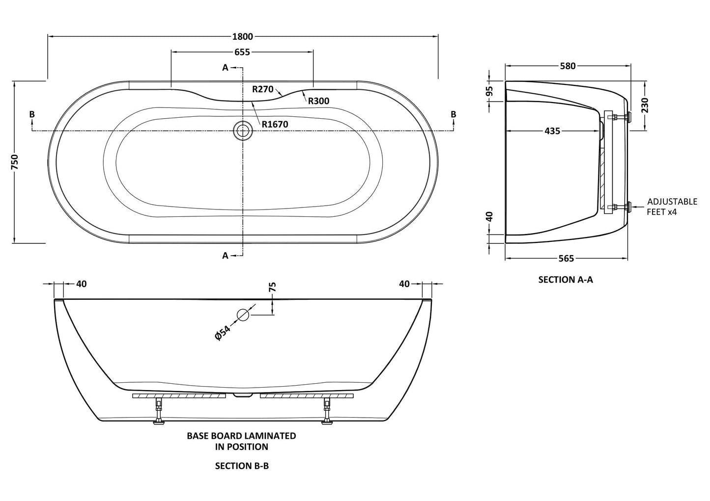 Nuie Choice Continuum 1800mm Boat Freestanding Bath With Legs