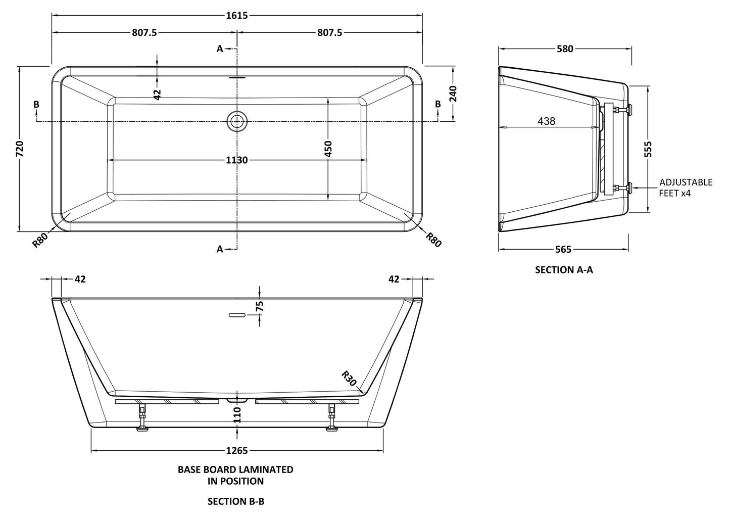Nuie Choice Endeavor 1615mm Square Freestanding Bath With Legs And Waste