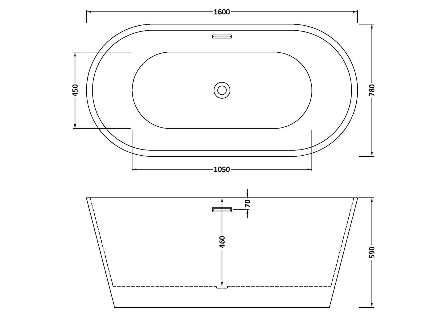 Nuie Choice Nocturnal 1600mm Freestanding Bath With Legs And Waste
