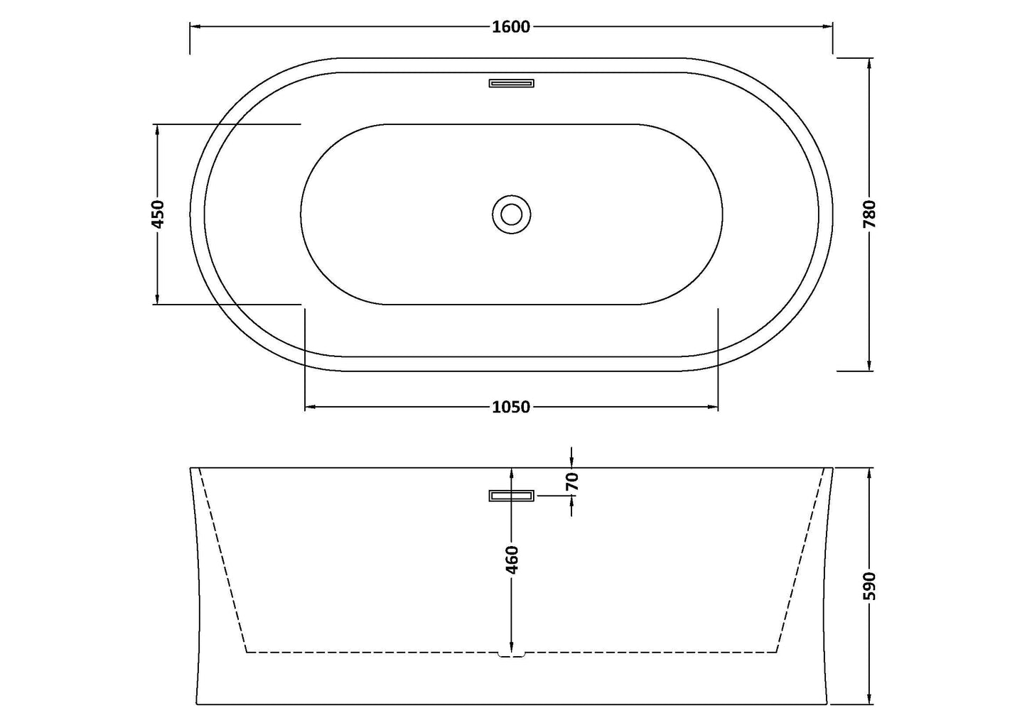 Nuie Choice Solstice 1600mm Freestanding Bath With Legs And Waste