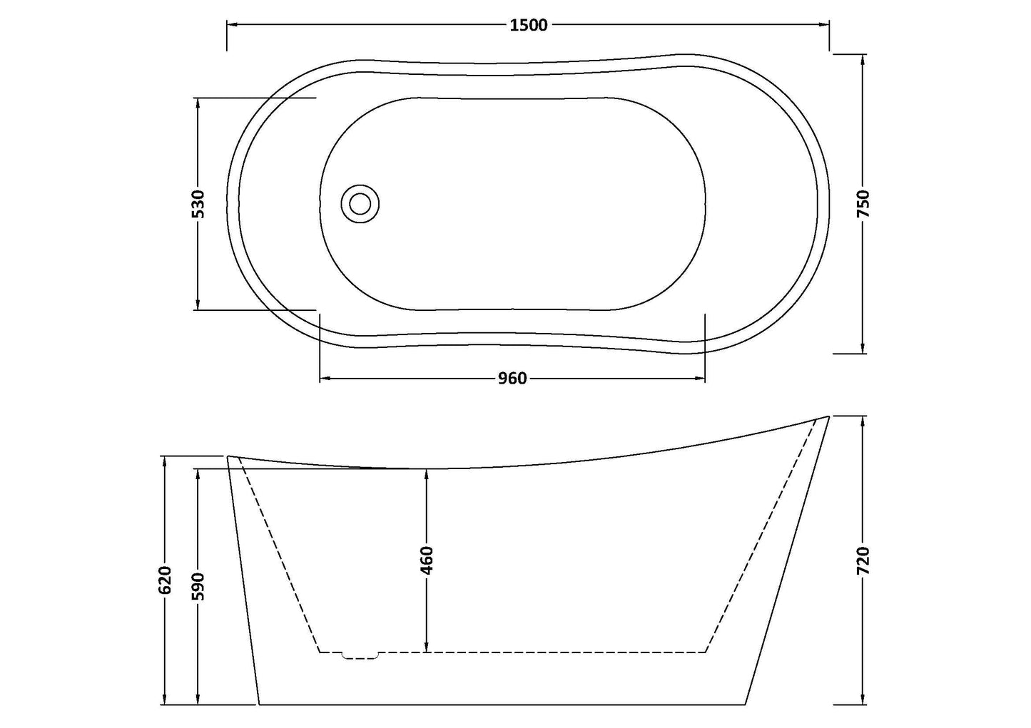 Nuie Choice Moment 1500mm Freestanding Bath With Legs And Waste