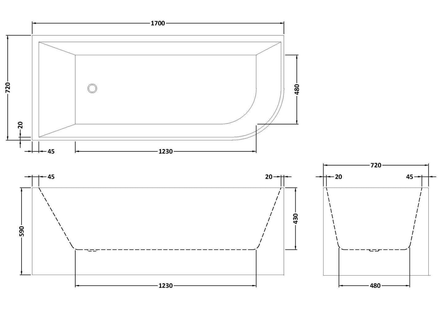 Nuie Choice Chronicle 1700mm Left-Hand Corner Bath With Legs And Waste